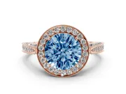 Round Milgrain Halo Engagement Ring Setting for a Fancy Blue Lab-Grown Diamond | Side Stones | Rose Gold