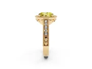 Fancy Yellow Oval Cut Diamond Halo Ring Set in Yellow gold with Round Accent Halo, Pavé Band and Prong Setting