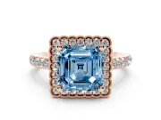 Fancy Blue Asscher Cut Diamond Milgrain Floral Halo Engagement Ring Set in Rose gold with Pavé Band