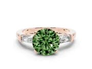 Fancy Green Round Cut Diamond Solitaire Ring Set in Rose gold with Tapered Baguette Side Stones and Prong Setting