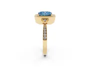 Fancy Blue Radiant Cut Diamond Halo Engagement Ring Set in Yellow gold with Milgrain Pavé Band