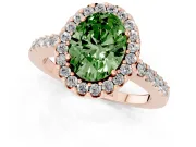 Fancy Green Oval Cut Diamond Halo Pavé Solitaire Ring Set in Rose gold with Prong-Set Center Stone