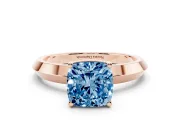 Fancy Blue Cushion Cut Diamond Solitaire Engagement Ring Set in Rose gold with Flat Band and Prong Setting