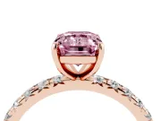 Fancy Pink Emerald Cut Diamond Pavé Solitaire Ring Set in Rose gold with Round Band and Prong Setting