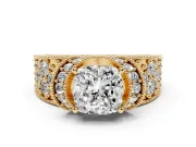 Cushion Cut Vintage Milgrain Pave Engagement Ring Setting | Crescent Side Rows | Yellow Gold