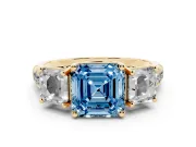 Asscher Cut Three Stone Engagement Ring Setting for a Fancy Blue Lab-Grown Diamond | Accented Shoulders | Yellow Gold