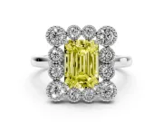 Emerald Cut Milgrain Cluster Halo Engagement Ring Setting for a Fancy Yellow Lab-Grown Diamond | Plain Band | White Gold