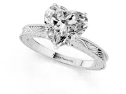 Heart Cut Diamond Solitaire Milgrain Engraved Band Set in White gold with Prong Setting