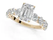 Emerald Cut Side Stone Engagement Ring Setting | Scalloped Prong Accents | Yellow Gold