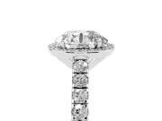 Round Cut Diamond Halo Engagement Ring Set in Silver with Pavé Band and Prong Setting