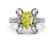 Fancy Yellow Pear Cut Diamond Twisted Band Solitaire Ring Set in White gold with Scroll Prongs