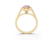 Fancy Pink Pear Cut Diamond Halo Solitaire Ring Set in Yellow gold with Pavé Band and Bezel Setting