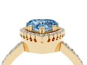 Fancy Blue Heart Cut Diamond Halo Engagement Ring Set in Yellow gold with Milgrain Detail and Pavé Band