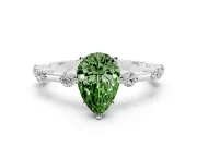 Fancy Green Pear Cut Diamond Solitaire Ring Set in White gold with Bezel Set Side Stones and Prong Setting