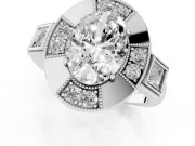 Oval Cut Diamond Milgrain Halo Ring Set in Platinum with Split Shank