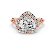 Heart Cut Diamond Halo Engagement Ring Set in Rose gold with Filigree Band and Prong-Set Center