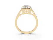 Emerald Cut Diamond Floral Halo Ring Set in Yellow gold with Pavé Band and Prong Setting