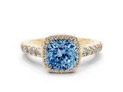 Fancy Blue Cushion Cut Diamond Halo Engagement Ring Set in Yellow gold with Pavé Band and Prong Setting