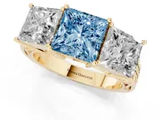Princess Cut Three Stone Engagement Ring Setting for a Fancy Blue Lab-Grown Diamond | Beaded Shoulders | Yellow Gold