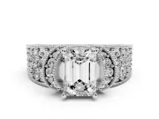 Emerald Cut Vintage Milgrain Pave Engagement Ring Setting | Crescent Side Rows | Platinum
