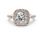 Cushion Cut Pave Halo Engagement Ring Setting | Pave Band | Rose Gold