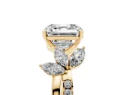 Asscher Cut Diamond Floral Vine Solitaire Engagement Ring Set in Yellow gold with Marquise Leaves