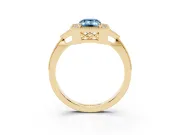 Fancy Blue Emerald Cut Diamond Halo Engagement Ring Set in Yellow gold with Milgrain Pavé Band