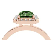 Fancy Green Emerald Cut Diamond Halo Solitaire Ring Set in Rose gold with Pavé Band and Prong Setting