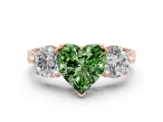 Fancy Green Heart Cut Diamond Three-Stone Ring Set in Rose gold with Milgrain Band