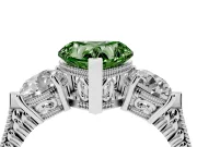 Fancy Green Heart Cut Diamond Three-Stone Ring Set in White gold with Milgrain Band