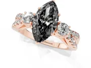 Fancy Black Marquise Cut Diamond Three-Stone Ring Set in Rose gold with Pavé Split Shank and Prong Setting