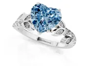 Fancy Blue Heart Cut Diamond Solitaire Leaf-Inspired Ring Set in Silver with Pavé Band and Prong Setting
