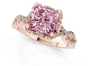 Princess Cut Milgrain Halo Engagement Ring Setting for a Fancy Pink Lab-Grown Diamond | Graduated Shoulders | Rose Gold
