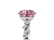 Fancy Pink Round Cut Diamond Cluster Solitaire Ring Set in Platinum with Prong Setting