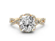 Cushion Cut Diamond Halo Twist Band Solitaire Ring Set in Yellow gold with Prong-Set Center Stone
