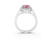 Fancy Pink Round Cut Diamond Floral Halo Ring Set in White gold with Pavé Band and Prong Setting