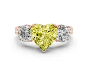 Fancy Yellow Heart Cut Diamond Three-Stone Ring Set in Rose gold with Milgrain Band
