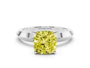 Fancy Yellow Cushion Cut Diamond Solitaire Engagement Ring Set in White gold with Flat Band and Prong Setting