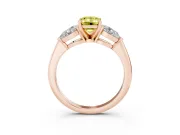 Fancy Yellow Three-Stone Emerald Cut Diamond Ring Set in Rose gold with Pear Side Stones and Prong Setting