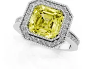 Fancy Yellow Asscher Cut Diamond Halo Ring Set in Platinum with Pavé Band and Milgrain-Edged Prongs