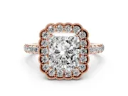 Radiant Cut Diamond Milgrain Floral Halo Engagement Ring Set in Rose gold with Pavé Band