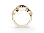 Cushion Cut Three Stone Halo Engagement Ring Setting for a Black Center | Bezel Set | Yellow Gold