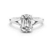 Emerald Cut Diamond Solitaire Ring Set in Silver with Polished Tapered Band and Prong Setting