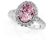 Fancy Pink Oval Cut Diamond Halo Pavé Solitaire Ring Set in White gold with Prong-Set Center Stone