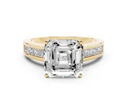 Asscher Cut Diamond Solitaire Ring Set in Yellow gold with Channel-Set Band and Prong Setting
