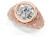 Round Vintage Bezel Engagement Ring Setting | Beaded Paisley Shoulders | Rose Gold
