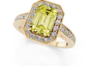 Fancy Yellow Emerald Cut Diamond Halo Pavé Engagement Ring Set in Yellow gold with Bezel Setting