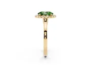 Fancy Green Oval Cut Halo Round Diamond Solitaire Ring Set in Yellow gold with Pavé Band and Prong Setting