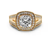 Cushion Cut Vintage Milgrain Halo Engagement Ring Setting | Pave Split Shank | Yellow Gold