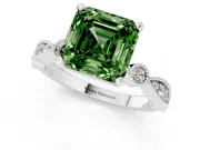 Fancy Green Asscher Cut Diamond Solitaire Engagement Ring Set in Platinum with Milgrain Bezel Accent Band